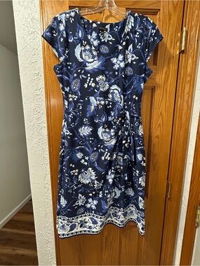 Talbots Floral Navy Midi Wrap Dress with Cap Sleeves